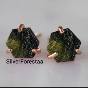 RAW MOLDAVITE Stud Earrings*Moldavite Ear Studs*Tektite Gemstone Stud Earrings*Sterling Silver earrings*Moldavite Studs*Anniversary Gift.