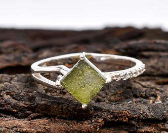 Roher Moldavit Ring: Sterling Silber Meteorit Ring, Grüner Edelstein