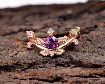 Alexandrite Engagement Ring: Sterling Silver Leaf Band, Nature Inspired