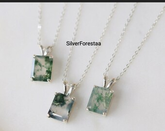 Handmade Moss Agate 925 Sterling Silver Necklace - Minimalist Pendant