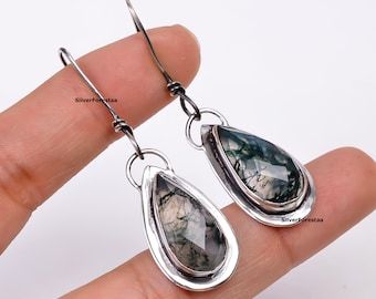 Handmade Pear Moss Agate Earrings: 925 Sterling Silver Dangle Drop ss163