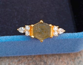 Natural Moldavite Sterling Silver Ring, Raw Engagement Ring, Handmade Silver Moldavite Ring, Raw Hexagon Gemstone Ring, Engagement Gift.