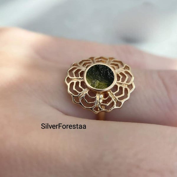 Rough Moldavite Ring: Raw Healing Gemstone, Sterling Silver, Meteorite Jewelry