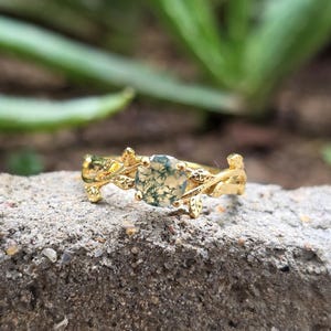 Anillo de compromiso con hoja de ágata musgosa: plata de ley 925, inspirado en la naturaleza