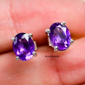 Amethyst Sterling Silver Stud Earrings: Oval Gemstone, Handmade