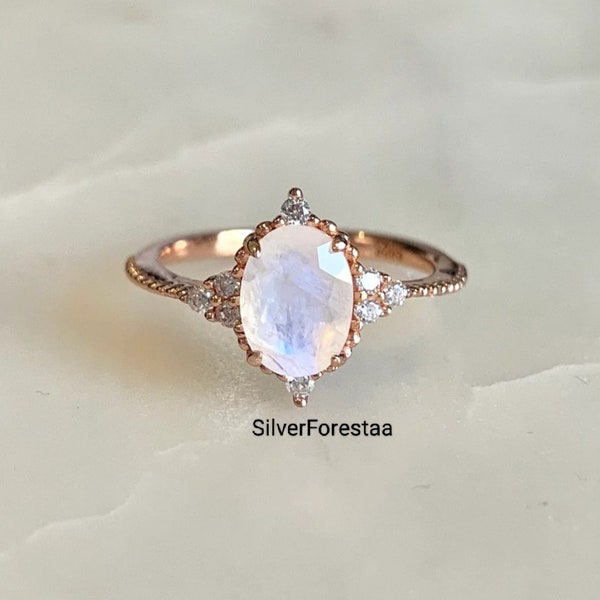 Bague de fiançailles en pierre de lune arc-en-ciel, bague de naissance de juin, bague de promesse délicate, bague de mariage pour femme, bague de mariée, bijoux de demoiselles d'honneur.