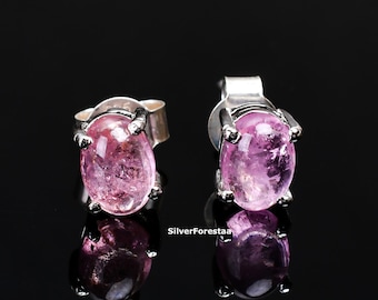 Pink Tourmaline Sterling Silver Stud Earrings: Dainty Oval Cabochon