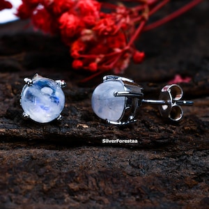 Round Cabochon 8 MM Rainbow Moonstone Stud Earrings 925 Sterling Silver Gemstone Natural Moonstone Stud Earrings for Women 3mm 4mm 5mm 6mm