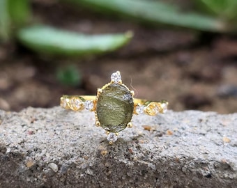Authentischer Roher Moldavit Ring: Sterling Silber Meteorit Schmuck