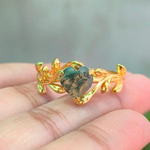 Heart Shape Twig Gemstone Ring, Leaf Moss Agate Ring, 925 Sterling Silver, Solitaire Ring, Engagement, Nature Inspired Ring, Gift for Wife