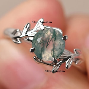 Dainty Moss Agate Ring: Sterling Silver Engagement, Handmade