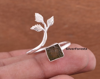 Natural Rough Moldavite Tektite Ring 925 Sterling Silver Ring Healing Moldavite Meteorite Ring Genuine Moldavite Ring Leaf Moldavite Ring.