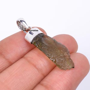 Raw Moldavite Meteorite Pendant Necklace: Sterling Silver Healing Crystal