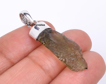 Raw Moldavite Meteorite Pendant Necklace: Sterling Silver Healing Crystal