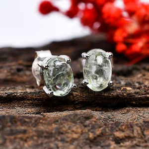 Green Amethyst Sterling Silver Stud Earrings: Oval Cab Gemstone