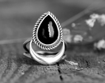 Black Tourmaline Sterling Silver Ring: Teardrop Boho Witch Jewelry