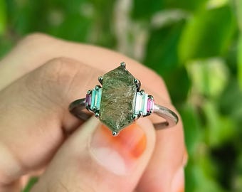 Authentic Moldavite Silver Ring Rough Raw Engagement Long Hexagon Genuine Moldavite Ring Meteorite Ring Healing Moldavite Ring/Rings