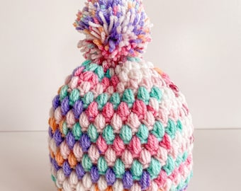 Handmade Baby Winter Beanie | Multicoloured | with pom-pom | Handcrafted | 6-12 Months | baby shower gift | newborns