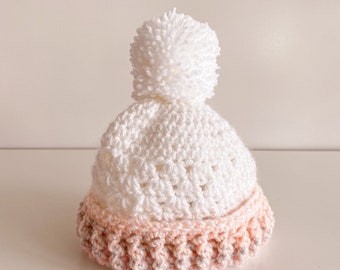 Handmade Baby Winter Beanie | White with light pink border | white pom-pom | Handcrafted | 3-6 Months | baby shower gift | newborns