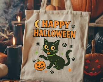 Black Cat Halloween Tote Bag: Cotton Canvas Trick Or Treat Bag
