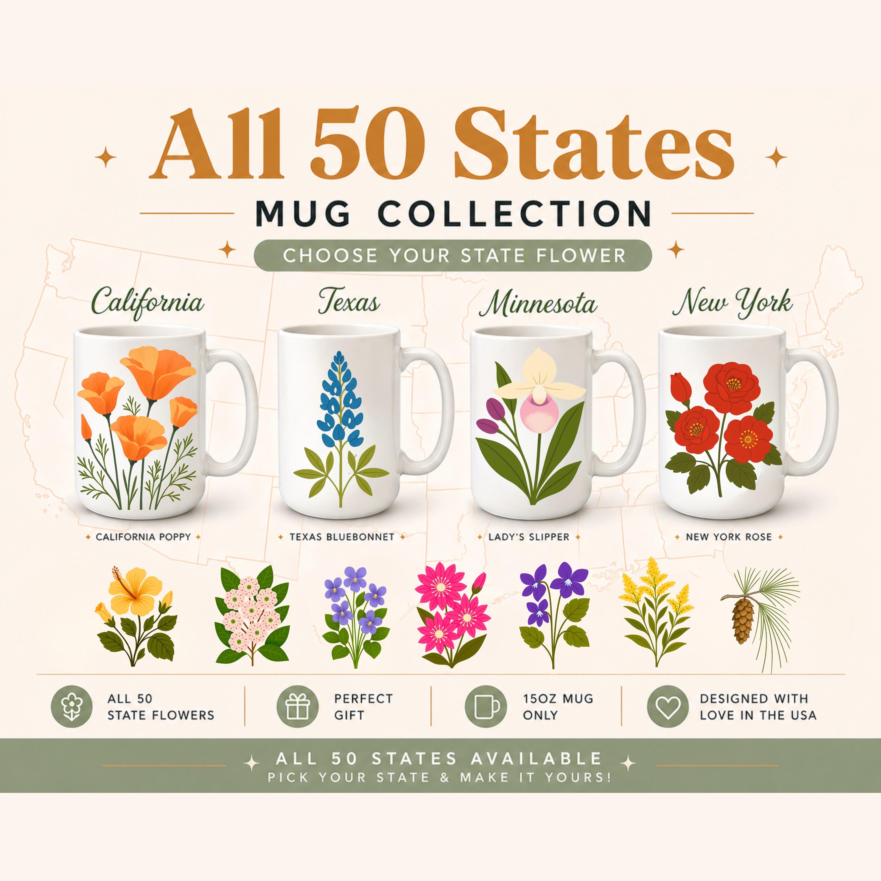 State Mugs State Flower Mug 15 Oz, Pick Your State Mug, All 50 States Floral ...