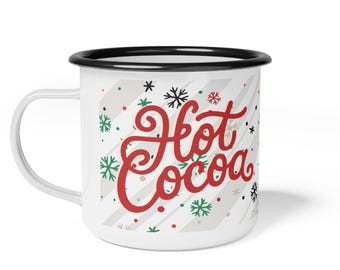 Festive Hot Cocoa Holiday Mug Red Script & Snowflakes for Kids and Adults