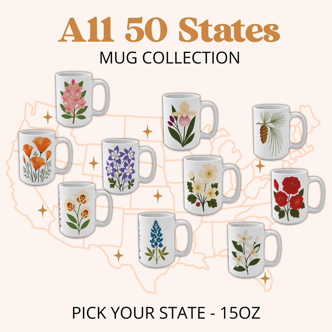 State Mugs State Flower Mug 15 Oz, Pick Your State Mug, All 50 States Floral ...
