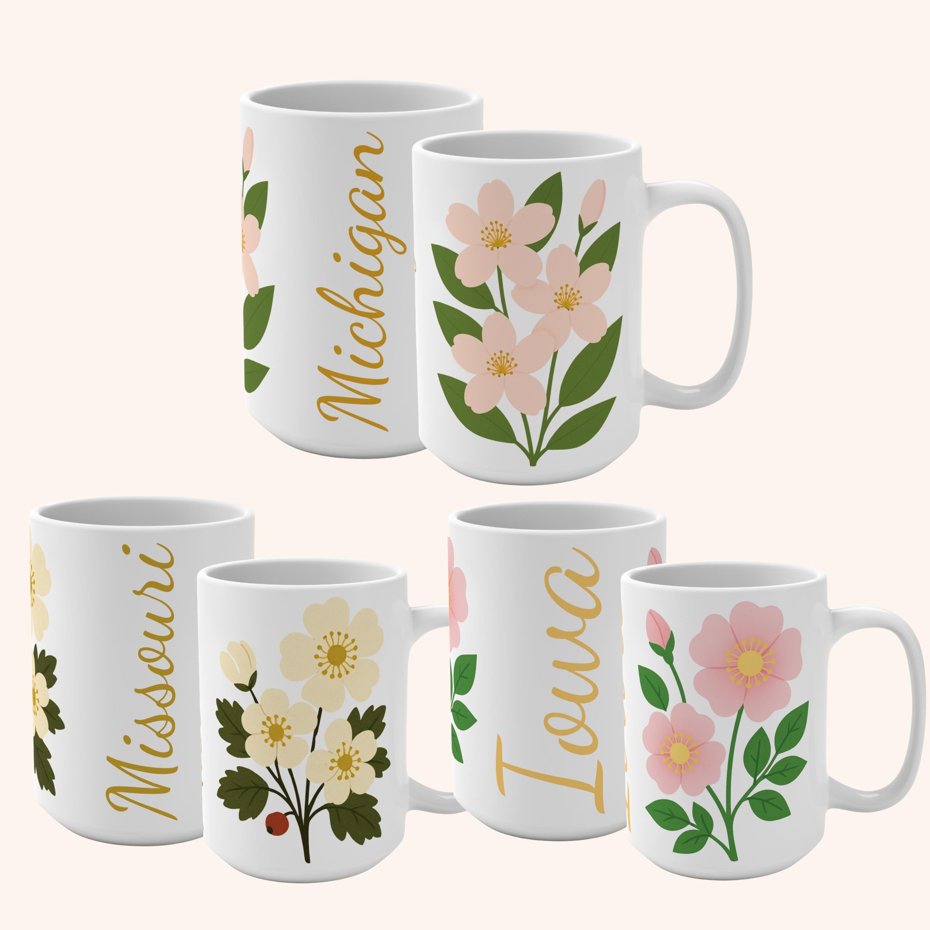 State Mugs State Flower Mug 15 Oz, Pick Your State Mug, All 50 States Floral ...