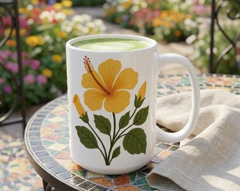Taza con flor de hibisco amarilla, flor estatal de Hawái, taza de café de cerámica tropical