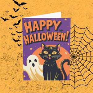 Retro Black Cat Halloween Card: Funny Vintage-Style Greeting