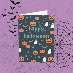 Happy Halloween Card – Cute Ghosts and Pumpkins Design – Spooky Cute Greeting for Kids and Adults