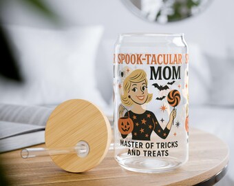 Vaso de lata de Halloween retro para mamás espeluznantes: la maestra de los trucos y las golosinas.