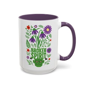 Broken Spirit Mug - Funny Frankenstein Coffee Cup with Retro Halloween Flowers, Gothic Humor Gift
