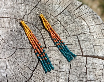 Long Beaded Fringe Earrings Dangle Seed Bead Handmade Earrings Gift for Her & Mom Statement Ombre Boho Earrings Unique Beaded Jewelry
