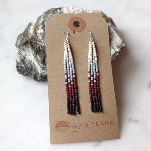 Short Neutral Beaded Fringe Earrings Tassel Ombre Beaded Gradient Handmade Gift for Her Statement Dangle Earring Seed Bead Boho Beadwork