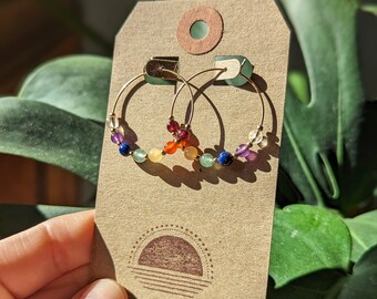 Earth Chakra Hoops Rainbow Pride Earrings Gift for Her Gemstone Gold Filled Sterling Silver Hoops Jewelry for Healing, Growth and Balance