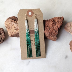 Handmade Long Beaded Green Gradient Fringe Ombre Dangle Seed Bead Earring Boho Style Jewelry Gift for Her Lightweight Earrings