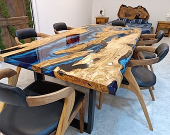 Handgemaakte oceaanepoxytafel: op maat gemaakte eettafel van hars