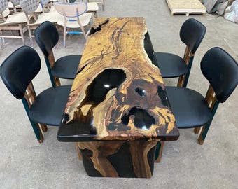 Handmade Hackberry Wood Epoxy Table: Black Resin  Table