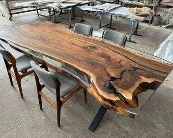 Handmade Walnut Epoxy Dining Table: Live Edge Resin River Table
