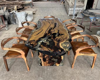 Handmade Hackberry Wood Epoxy Dining Table with Clear Resin and Live Edge