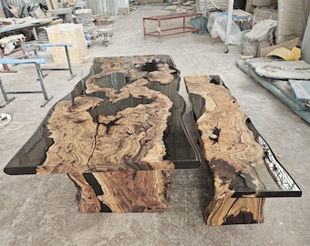 Handmade Hackberry Wood & Smoke Gray  Resin Table with Bench