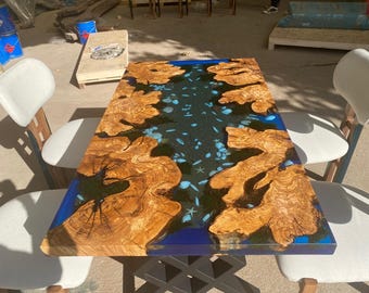 Handmade Olive Wood Ocean Resin Table: Custom Epoxy Dining Table