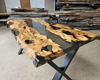 Handmade Olive Wood Epoxy Table: Smoke Gray Resin Dining Table