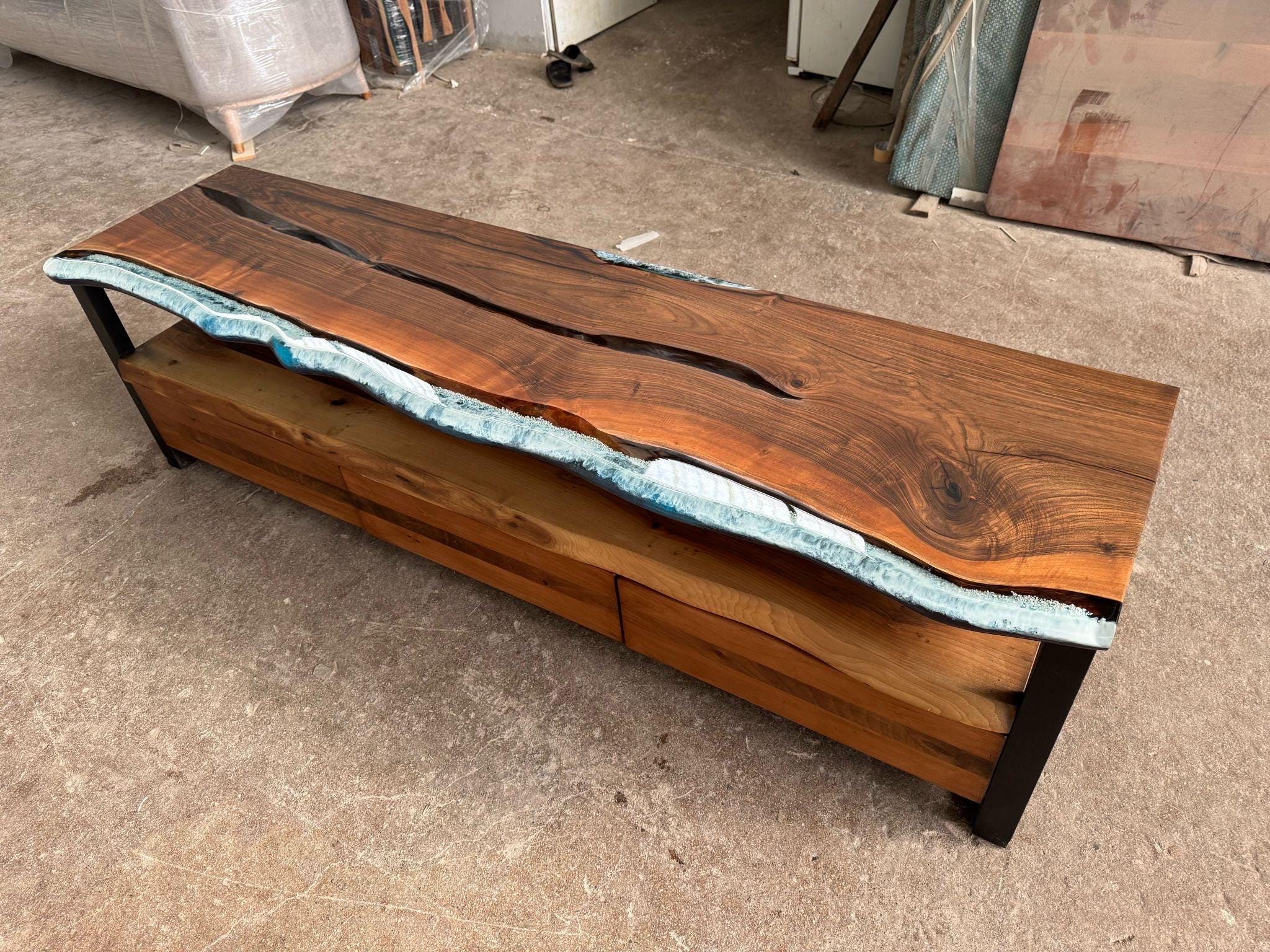 Homemade Custom Console - Epoxy Tv Unit - Walnut Wood Sideboard- Sea ...