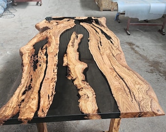 Handmade Olive Wood Epoxy Table: Custom Resin Table - Smoke Grey Epoxy