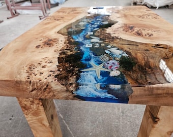 Handmade Mappa Burl Wood Ocean Resin Table: Custom Epoxy Dining Table
