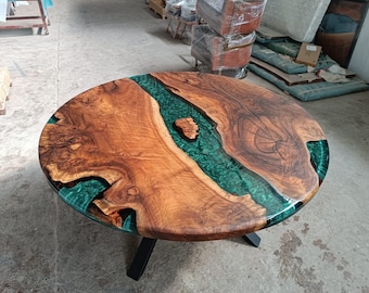 63" Walnut Round Epoxy Table: Handmade Resin River Dining Table