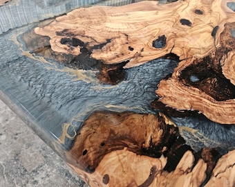 Handmade Olive Wood Epoxy Table: Custom Resin Table - Gold Embellished Metallic Gray Epoxy