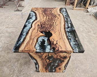 Handmade Hackberry Wood Epoxy Table: White Smoke Resin River Design